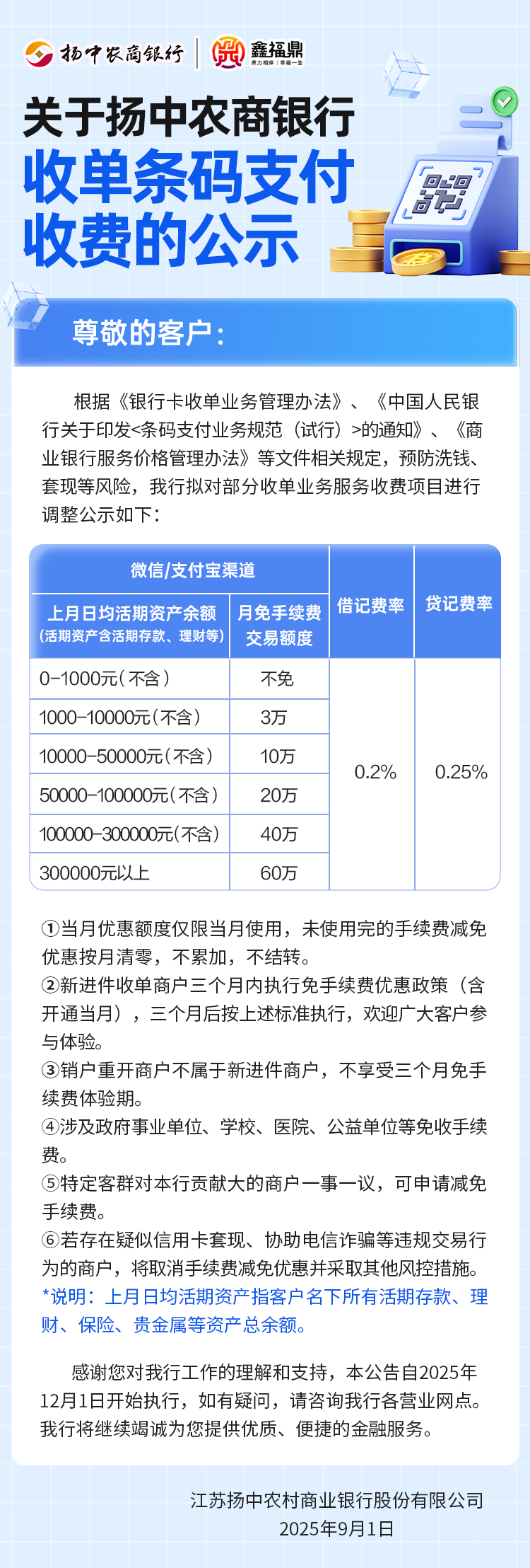 关于扬中农商银行收单条码支付收费的公示